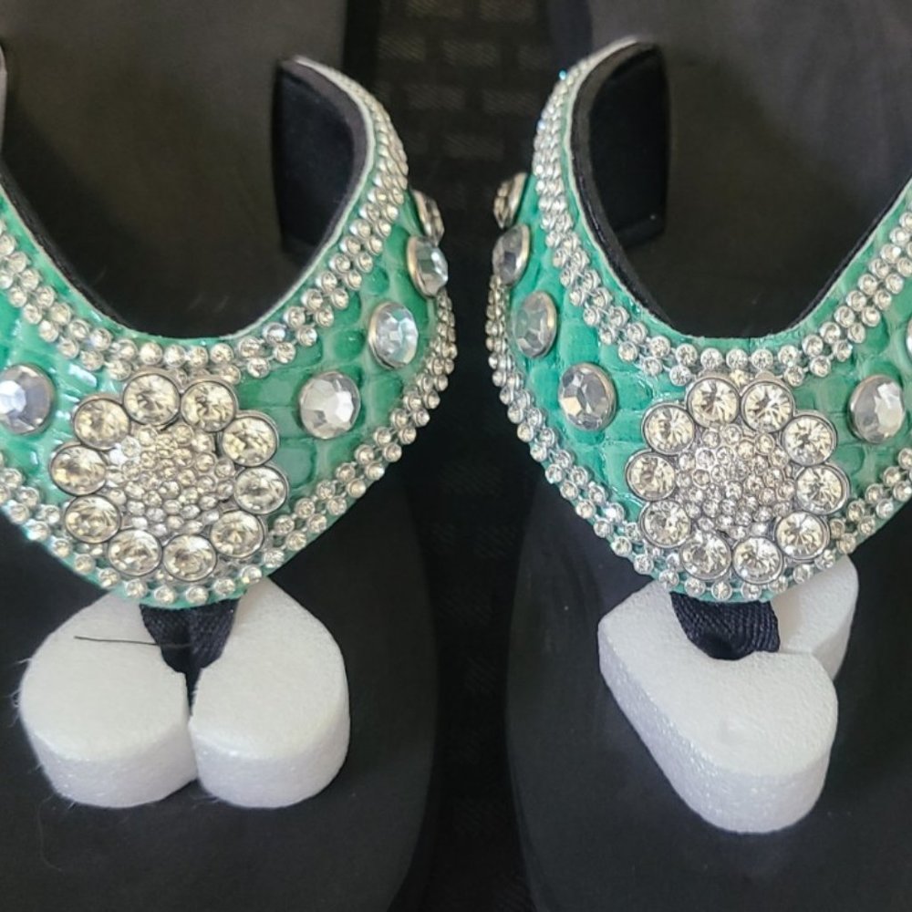 Isabella Rhinestone Emerald Green Flip Flops